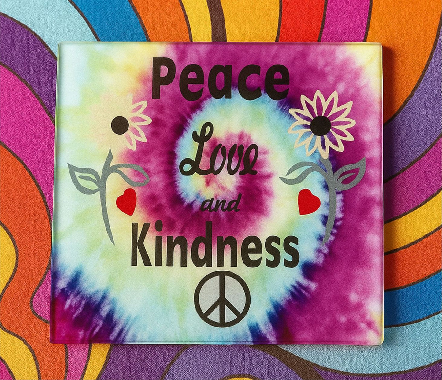 Hippie 60s Peace Love Psychedelic Glass Coasters – Groovy Retro Free Spirit Gift Set of 4