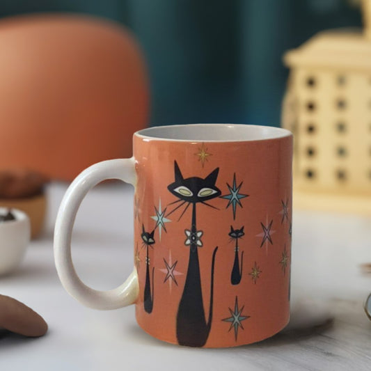 Retro Atomic Cat lover Gift Mid Century Coffee Mug Unique Orange Coffee Cup Ceramic Starburst Cat Mug Vintage Housewarming Gift 11 ounces