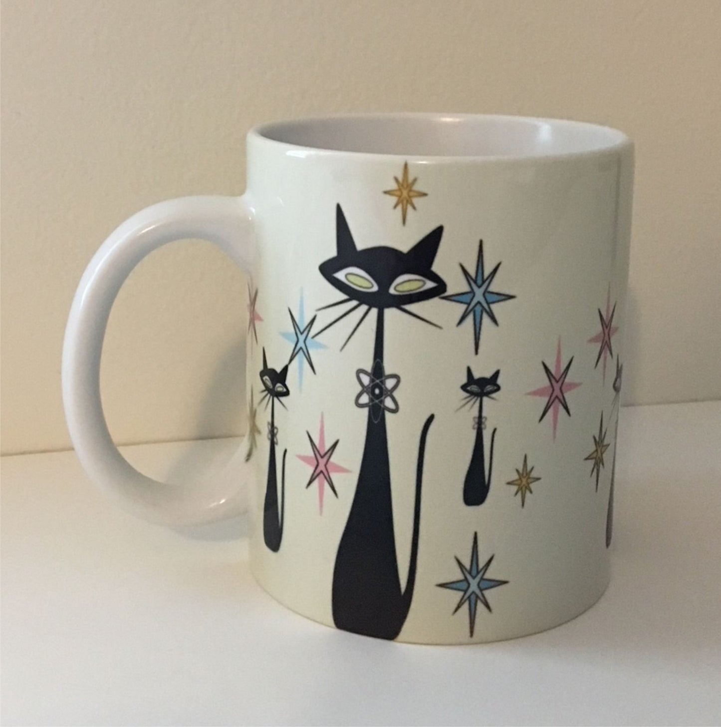 Retro Atomic Cat lover Gift Mid Century Coffee Mug Unique Sand Coffee Cup Ceramic Starburst Cat Mug Vintage Housewarming Gift 11 ounces
