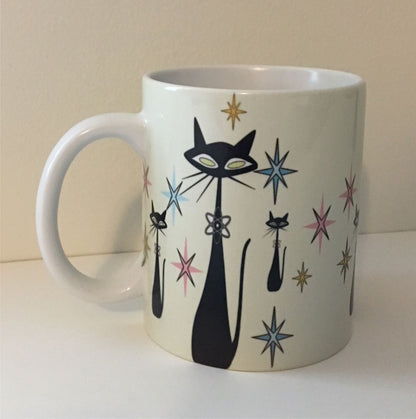 Retro Atomic Cat lover Gift Mid Century Coffee Mug Unique Sand Coffee Cup Ceramic Starburst Cat Mug Vintage Housewarming Gift 11 ounces