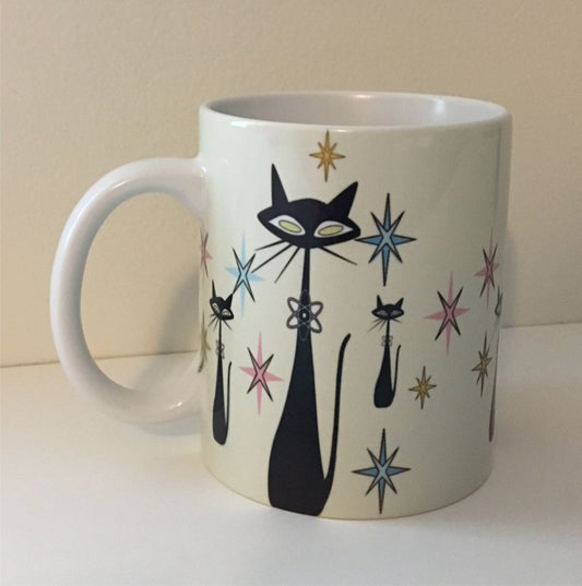 Retro Atomic Cat lover Gift Mid Century Coffee Mug Unique Sand Coffee Cup Ceramic Starburst Cat Mug Vintage Housewarming Gift 11 ounces