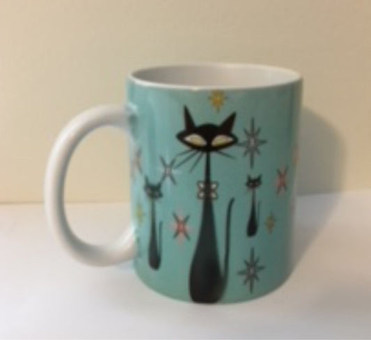 Retro Atomic Cat lover Gift Mid Century Coffee Mug Unique Turquoise Coffee Cup Ceramic Starburst Cat Mug Vintage Housewarming Gift 11 ounces