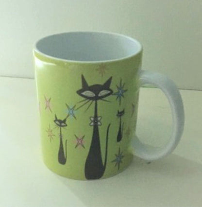 Retro Atomic Cat lover Gift Mid Century Coffee Mug Unique Green Coffee Cup Ceramic Starburst Cat Mug Vintage Housewarming Gift 11 ounces