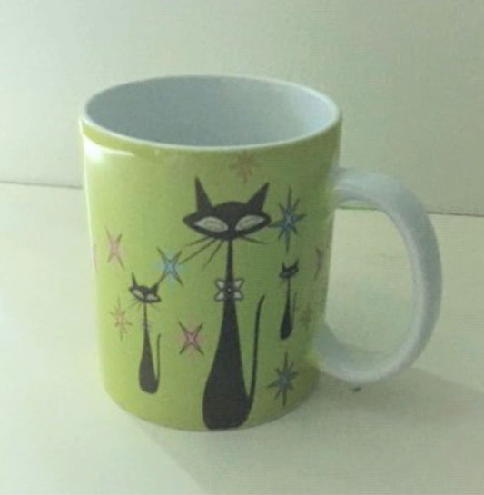 Retro Atomic Cat lover Gift Mid Century Coffee Mug Unique Green Coffee Cup Ceramic Starburst Cat Mug Vintage Housewarming Gift 11 ounces