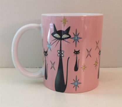Retro Atomic Cat lover Gift Mid Century Coffee Mug Unique Pink Coffee Cup Ceramic Starburst Cat Mug Vintage Housewarming Gift 11 ounces