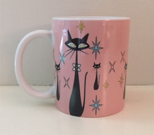 Retro Atomic Cat lover Gift Mid Century Coffee Mug Unique Pink Coffee Cup Ceramic Starburst Cat Mug Vintage Housewarming Gift 11 ounces
