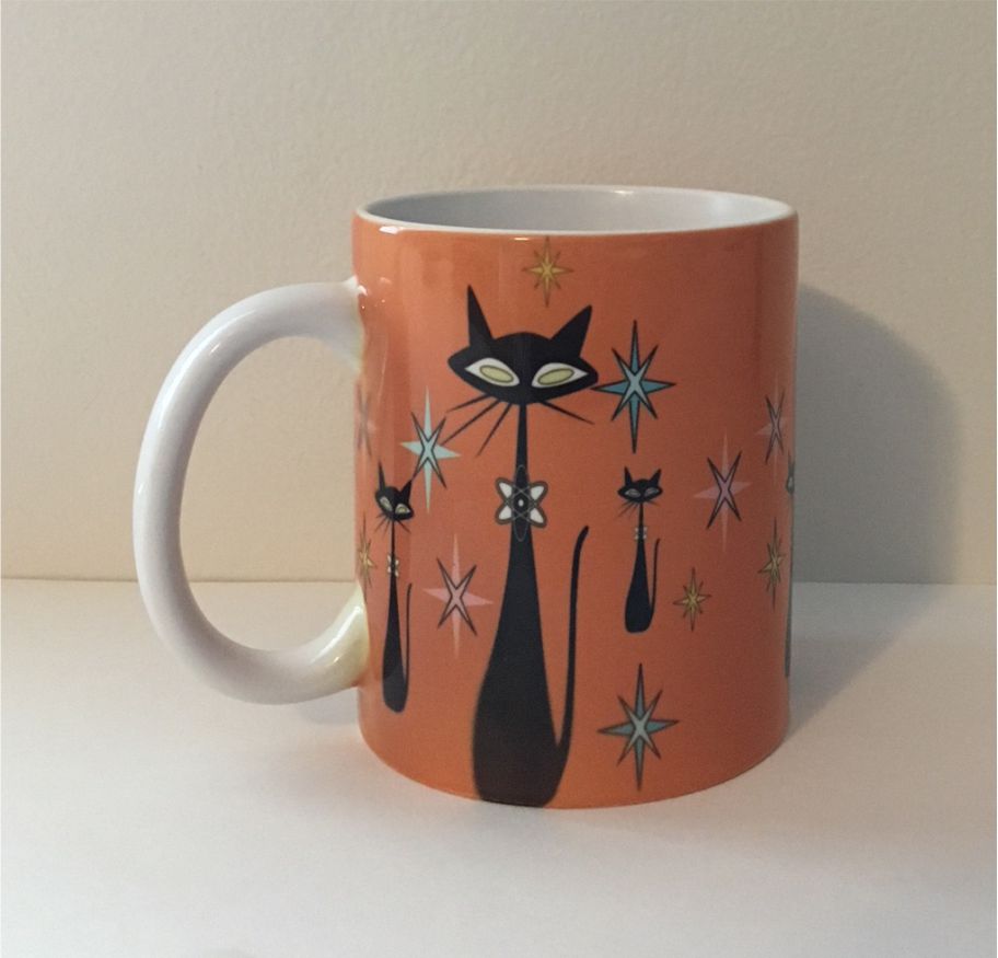 Retro Atomic Cat lover Gift Mid Century Coffee Mug Unique Orange Coffee Cup Ceramic Starburst Cat Mug Vintage Housewarming Gift 11 ounces