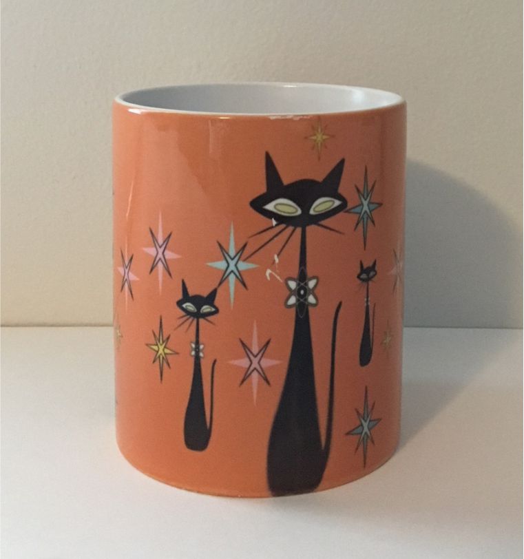 Retro Atomic Cat lover Gift Mid Century Coffee Mug Unique Orange Coffee Cup Ceramic Starburst Cat Mug Vintage Housewarming Gift 11 ounces