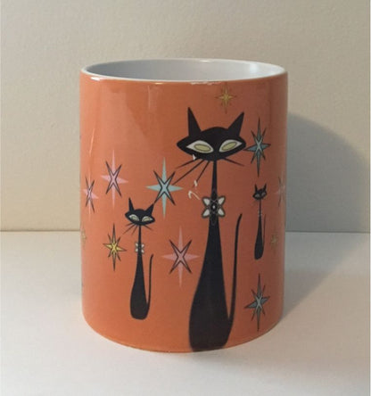 Retro Atomic Cat lover Gift Mid Century Coffee Mug Unique Orange Coffee Cup Ceramic Starburst Cat Mug Vintage Housewarming Gift 11 ounces