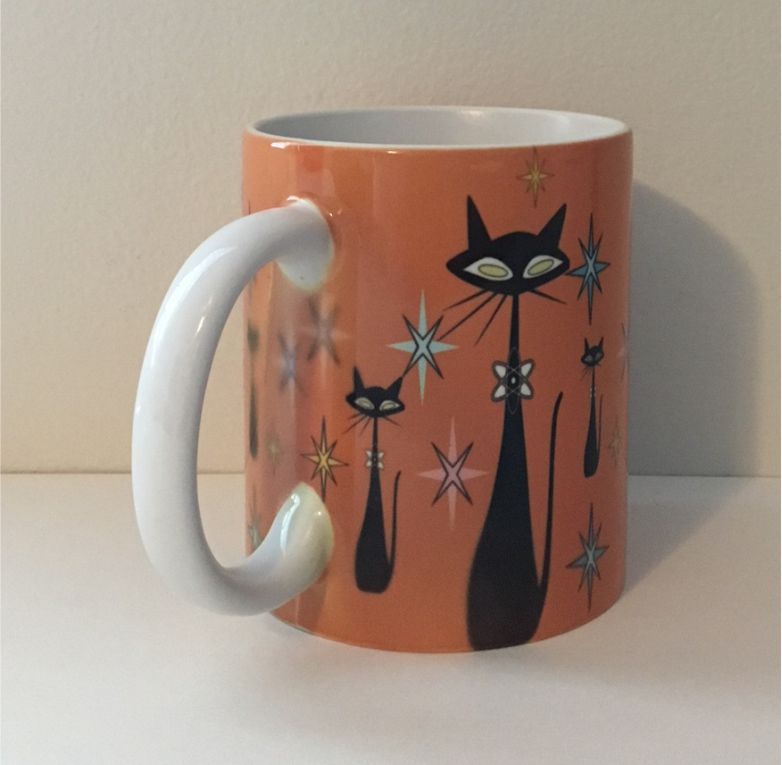 Retro Atomic Cat lover Gift Mid Century Coffee Mug Unique Orange Coffee Cup Ceramic Starburst Cat Mug Vintage Housewarming Gift 11 ounces