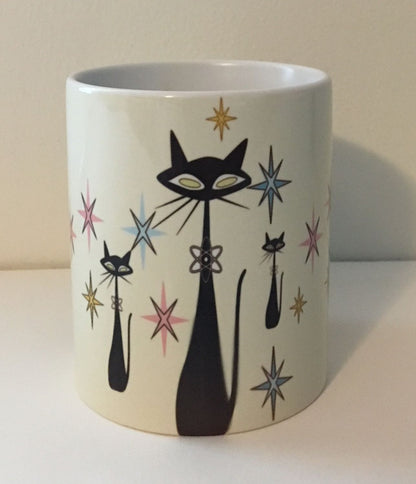 Retro Atomic Cat lover Gift Mid Century Coffee Mug Unique Sand Coffee Cup Ceramic Starburst Cat Mug Vintage Housewarming Gift 11 ounces