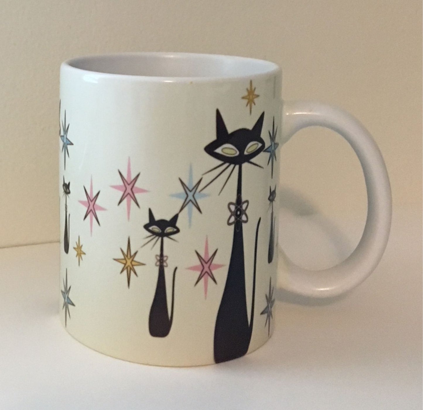 Retro Atomic Cat lover Gift Mid Century Coffee Mug Unique Sand Coffee Cup Ceramic Starburst Cat Mug Vintage Housewarming Gift 11 ounces