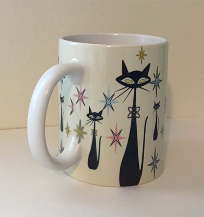 Retro Atomic Cat lover Gift Mid Century Coffee Mug Unique Sand Coffee Cup Ceramic Starburst Cat Mug Vintage Housewarming Gift 11 ounces