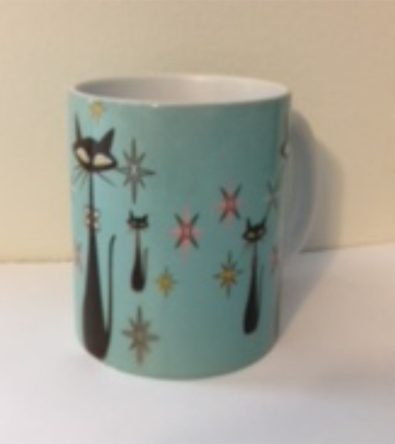 Retro Atomic Cat lover Gift Mid Century Coffee Mug Unique Turquoise Coffee Cup Ceramic Starburst Cat Mug Vintage Housewarming Gift 11 ounces