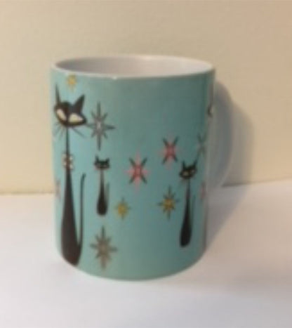 Retro Atomic Cat lover Gift Mid Century Coffee Mug Unique Turquoise Coffee Cup Ceramic Starburst Cat Mug Vintage Housewarming Gift 11 ounces