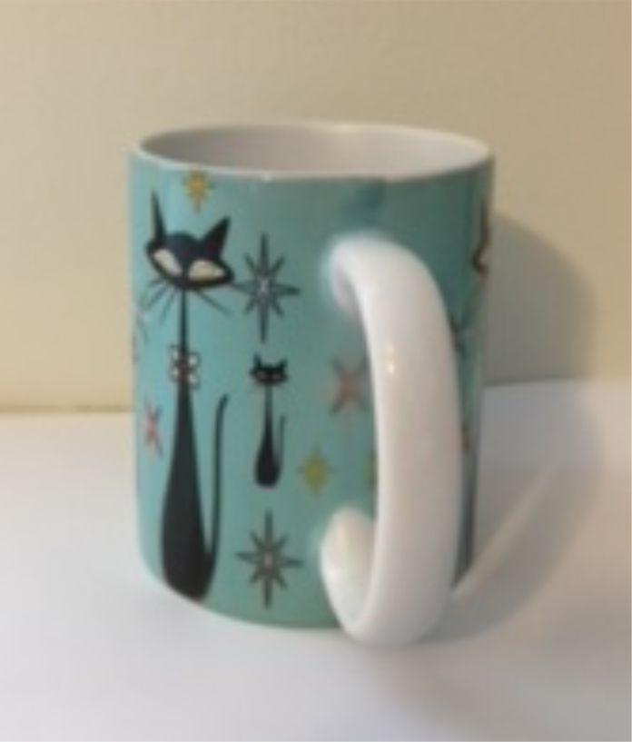 Retro Atomic Cat lover Gift Mid Century Coffee Mug Unique Turquoise Coffee Cup Ceramic Starburst Cat Mug Vintage Housewarming Gift 11 ounces