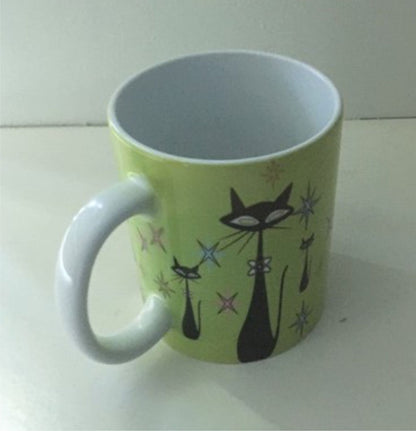 Retro Atomic Cat lover Gift Mid Century Coffee Mug Unique Green Coffee Cup Ceramic Starburst Cat Mug Vintage Housewarming Gift 11 ounces