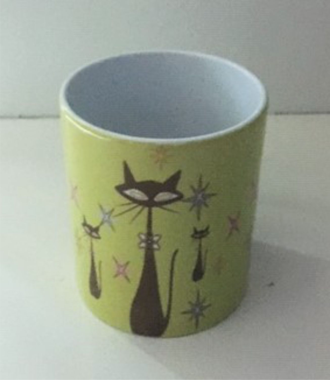 Retro Atomic Cat lover Gift Mid Century Coffee Mug Unique Green Coffee Cup Ceramic Starburst Cat Mug Vintage Housewarming Gift 11 ounces