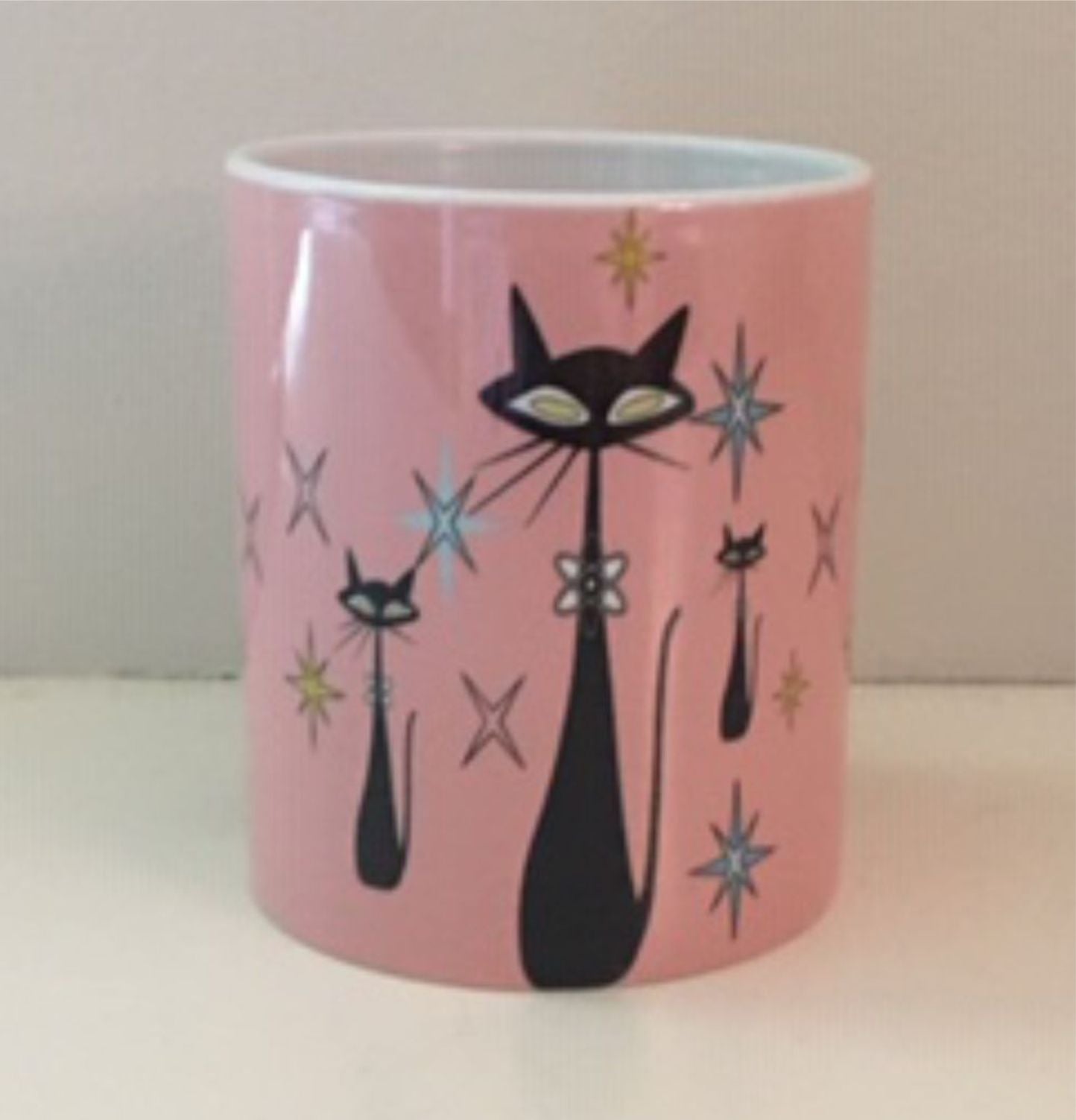 Retro Atomic Cat lover Gift Mid Century Coffee Mug Unique Pink Coffee Cup Ceramic Starburst Cat Mug Vintage Housewarming Gift 11 ounces