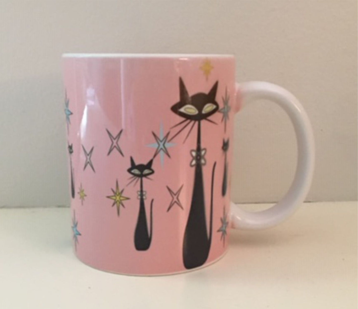 Retro Atomic Cat lover Gift Mid Century Coffee Mug Unique Pink Coffee Cup Ceramic Starburst Cat Mug Vintage Housewarming Gift 11 ounces