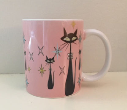 Retro Atomic Cat lover Gift Mid Century Coffee Mug Unique Pink Coffee Cup Ceramic Starburst Cat Mug Vintage Housewarming Gift 11 ounces