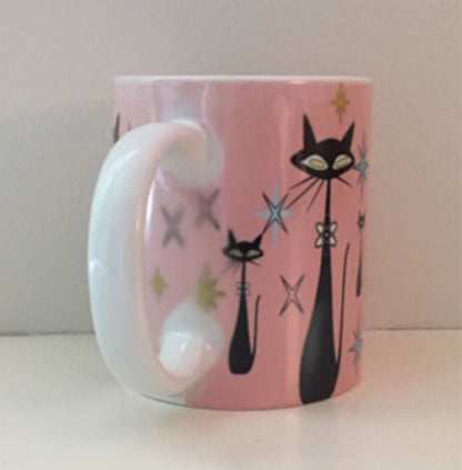Retro Atomic Cat lover Gift Mid Century Coffee Mug Unique Pink Coffee Cup Ceramic Starburst Cat Mug Vintage Housewarming Gift 11 ounces