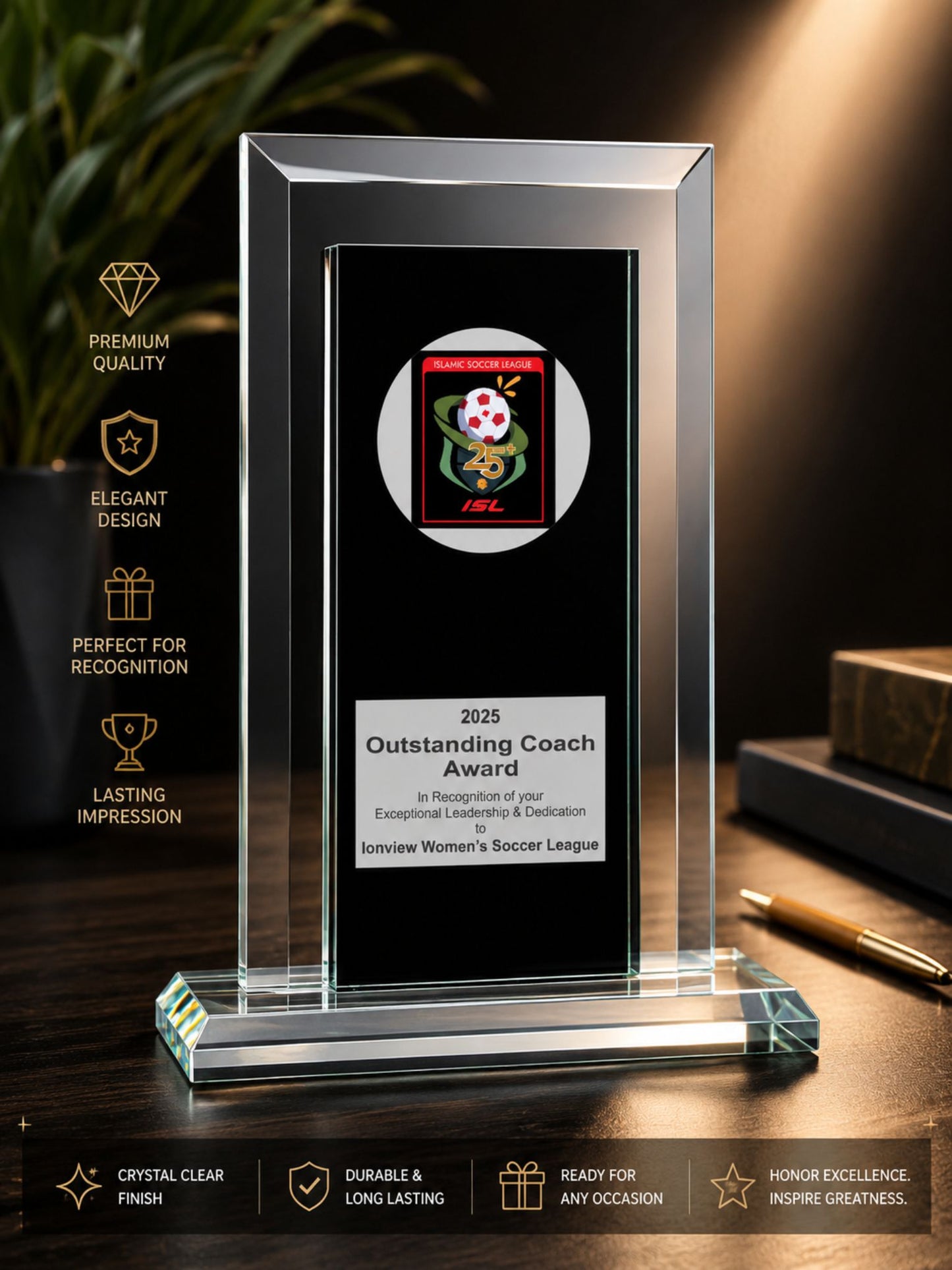 Black and Mirror Reflection Glass Award – Custom Polished Glass Trophy for Achievement, Recognition, or Corporate Gift
