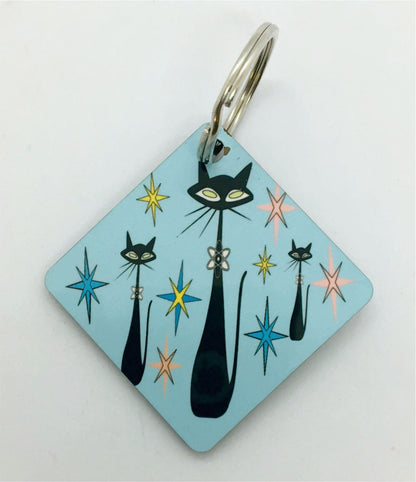 Atomic Cat Keychain Mid Century Modern cute Turquoise Key Chain Retro Cat Lover Gift Vintage styled Throw back blue keychain