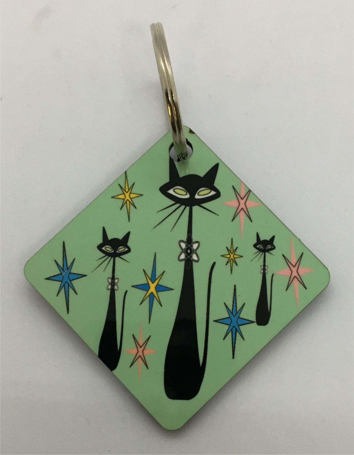 Atomic Cat Keychain Mid Century Modern cute Green Key Chain Retro Cat Lover Gift Vintage styled Throw back Chartreuse  keychain