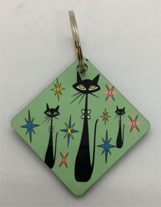 Atomic Cat Keychain Mid Century Modern cute Green Key Chain Retro Cat Lover Gift Vintage styled Throw back Chartreuse  keychain