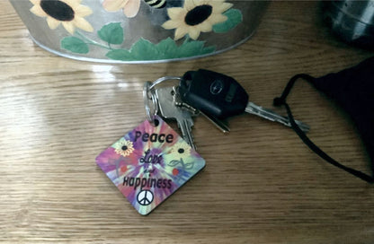 Retro Sixties Peace Love & Happiness Keychain | Groovy Hippie Keyring