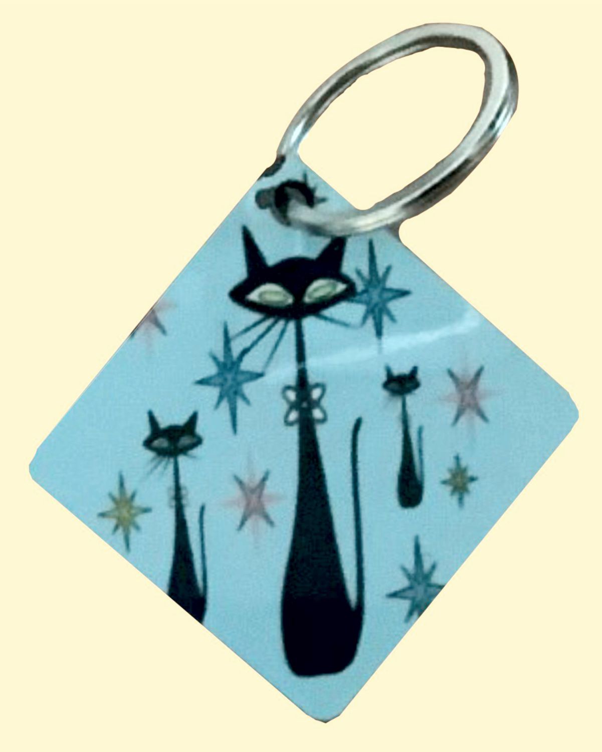 Atomic Cat Keychain Mid Century Modern cute Turquoise Key Chain Retro Cat Lover Gift Vintage styled Throw back blue keychain