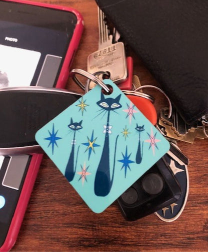 Atomic Cat Keychain Mid Century Modern cute Turquoise Key Chain Retro Cat Lover Gift Vintage styled Throw back blue keychain
