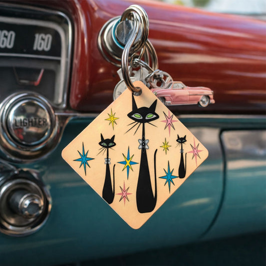 Atomic Cat Keychain Mid Century Modern cute Beige Key Chain Retro Cat Lover Gift Vintage styled Throw back Sand keychain