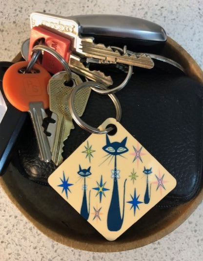 Atomic Cat Keychain Mid Century Modern cute Beige Key Chain Retro Cat Lover Gift Vintage styled Throw back Sand keychain