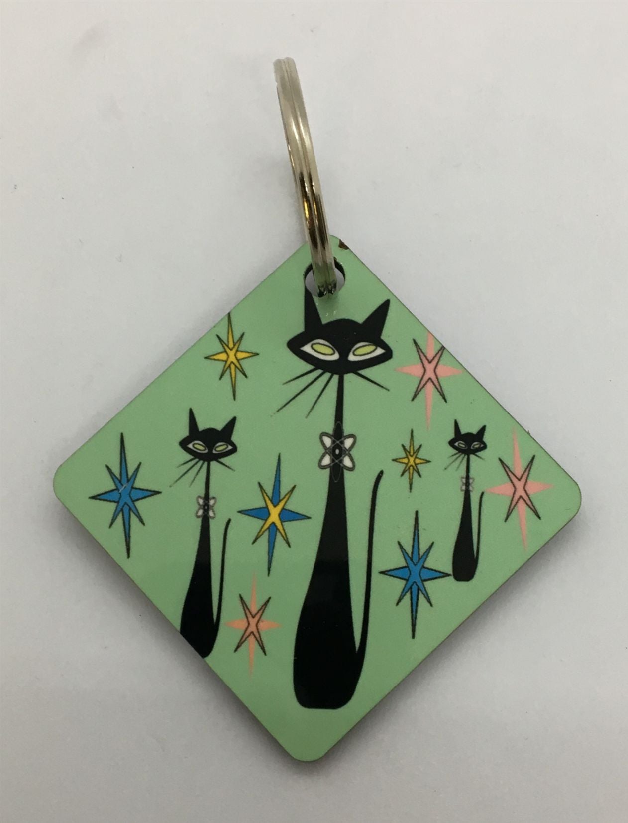 Atomic Cat Keychain Mid Century Modern cute Green Key Chain Retro Cat Lover Gift Vintage styled Throw back Chartreuse  keychain