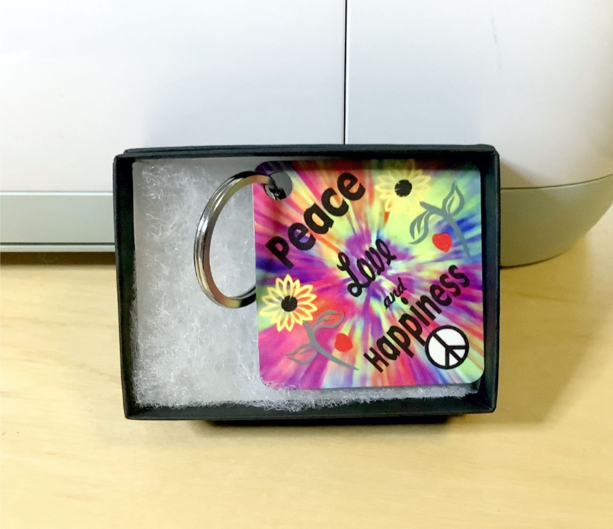 Retro Sixties Peace Love & Happiness Keychain | Groovy Hippie Keyring