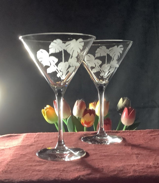 Retro Martini Glass Monstera Etched Glassware Gift Set Mid Century Cocktail Glassware Tropical Etched Martini Barware Martini Lover Gift