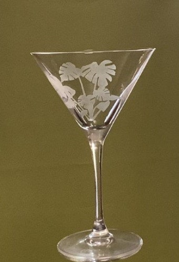 Retro Martini Glass Monstera Etched Glassware Gift Set Mid Century Cocktail Glassware Tropical Etched Martini Barware Martini Lover Gift