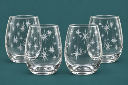 Mid-Century Starburst Etched Stemless Wine Glasses – Set of 4 | Retro Atomic Era Glassware Gift