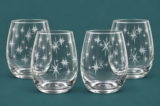 Mid-Century Starburst Etched Stemless Wine Glasses – Set of 4 | Retro Atomic Era Glassware Gift