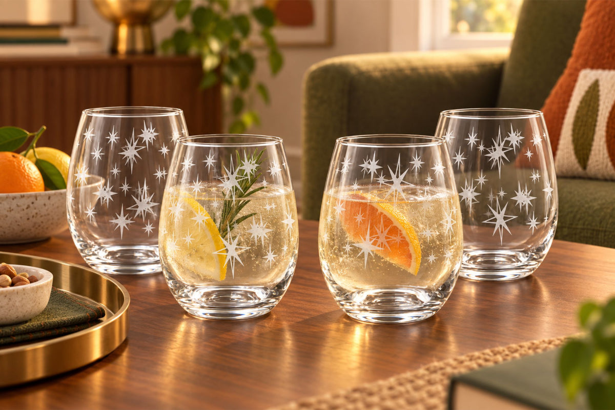 Mid-Century Starburst Etched Stemless Wine Glasses – Set of 4 | Retro Atomic Era Glassware Gift