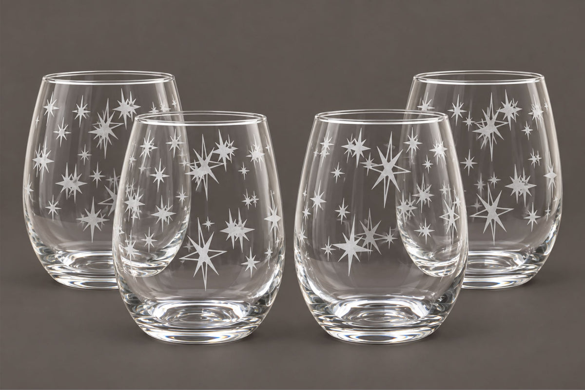 Mid-Century Starburst Etched Stemless Wine Glasses – Set of 4 | Retro Atomic Era Glassware Gift