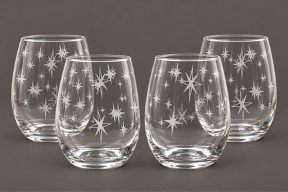 Mid-Century Starburst Etched Stemless Wine Glasses – Set of 4 | Retro Atomic Era Glassware Gift