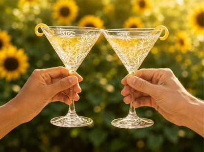 Sunflower Martini Glasses | Hand-Etched Mid-Century Cocktail Set of 2