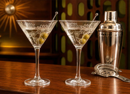 Sunflower Martini Glasses | Hand-Etched Mid-Century Cocktail Set of 2