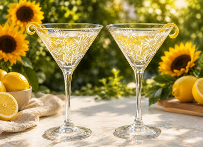 Sunflower Martini Glasses | Hand-Etched Mid-Century Cocktail Set of 2