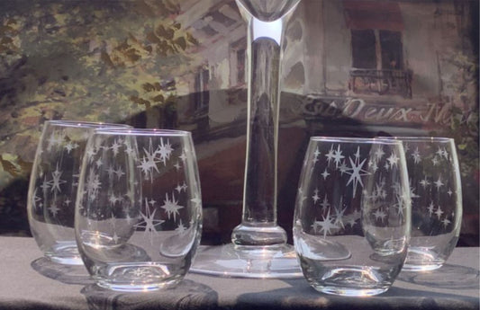 Mid Century Starburst Etched Stemless Wine Glasses Wine Lover Gift Set of 4 Retro Glassware Atomic Era Wine Glass Tumbler