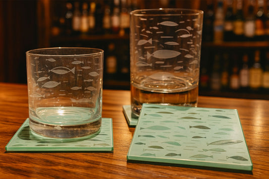 Atomic Era Fish Etched Rocks Glass & Coaster Set – Mid Century Modern Retro Barware, Hand-Etched 1960s Whiskey Glass Gift Set