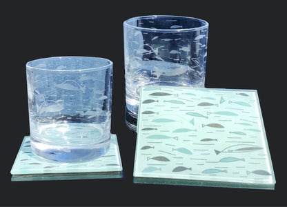 Atomic Fish Whiskey glass and coaster bar set retro etched cocktail glass gift set of 2 MCM office bar gift hand etched fish lover drinkware